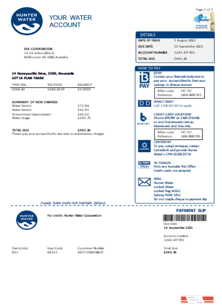 Hunter Water utility business bill,  SCR PSD template